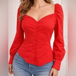 TOWAWGE Red Sweatheart Neck Baloon Sleeve Button Cotton Peplum Blouse